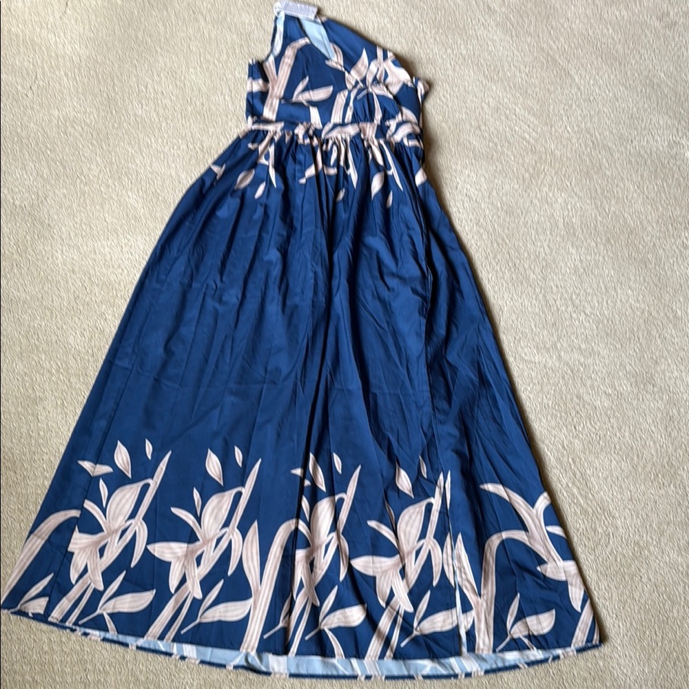 One shoulder Elegant Blue and tan  maxi Dress with side slit and banded waist